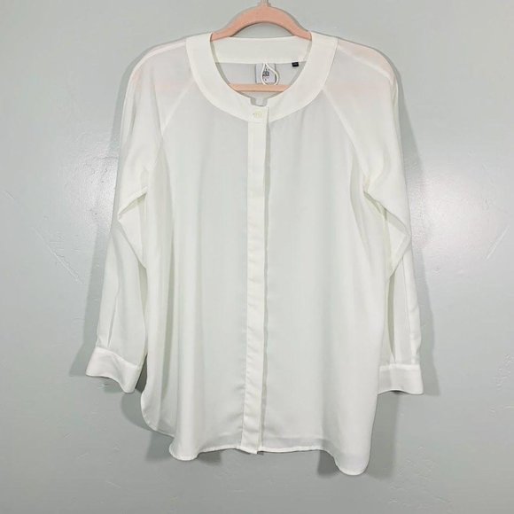 CAbi White Button Front Crewneck Long Sleeve